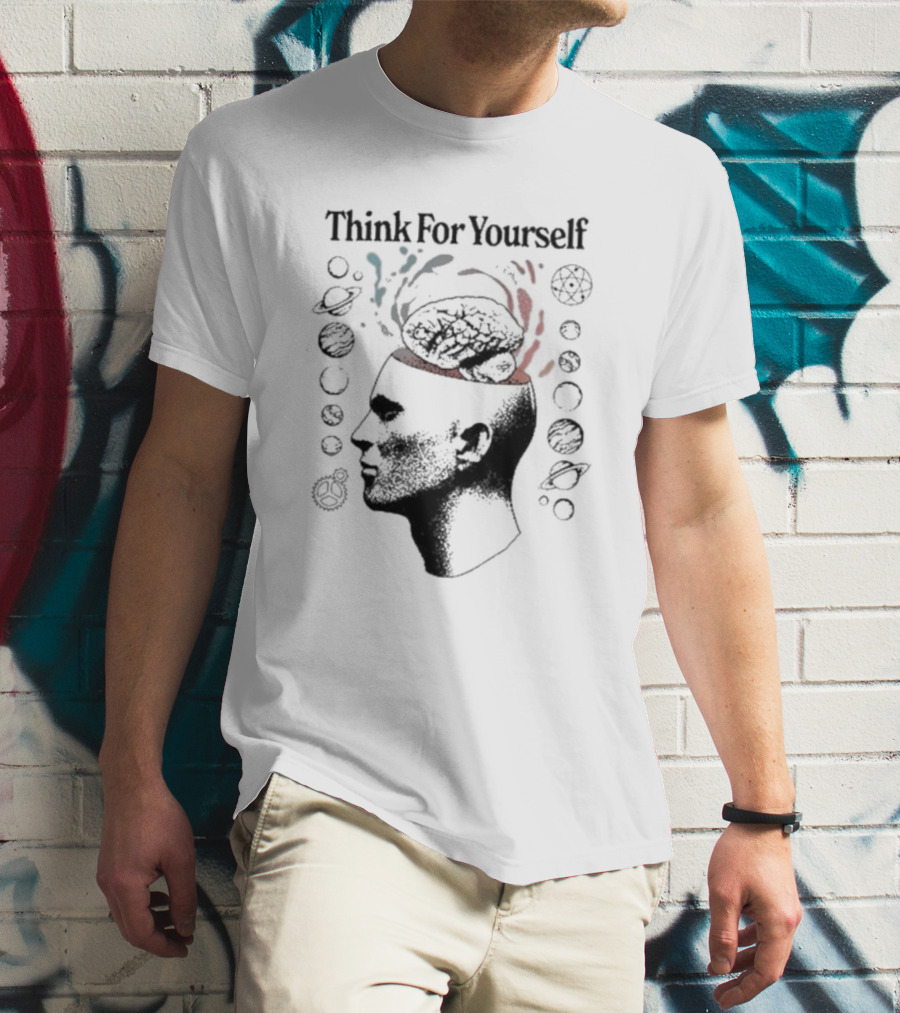 Think For Yourself Brain With Planets And Geometric Symbols T-Shirt