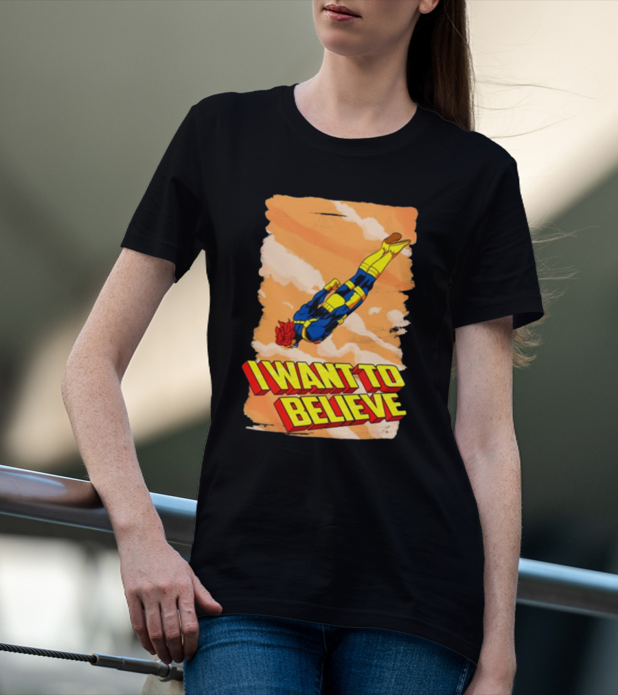I Want To Believe Superheroes Retro Flying Hero In Yellow And Blue Suit T-Shirt