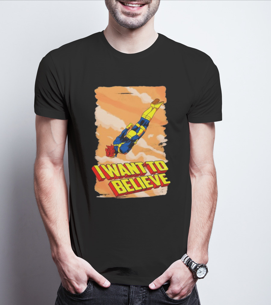 I Want To Believe Superheroes Retro Flying Hero In Yellow And Blue Suit T-Shirt