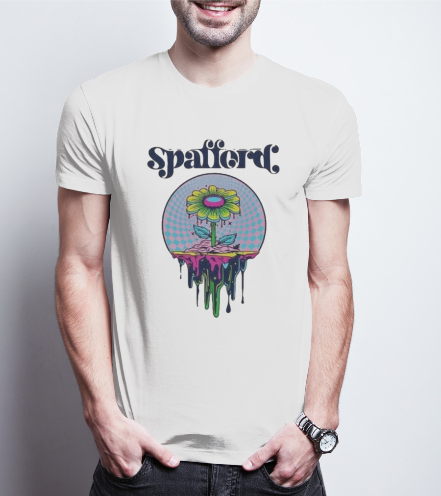 Spafford Psychedelic Space Flower In Pink And Blue Checkerboard T-Shirt
