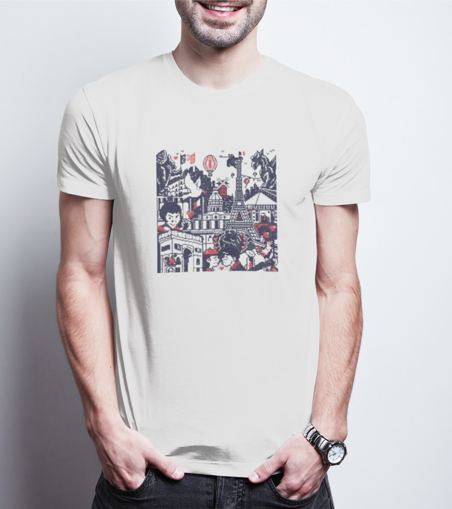 BasePaint Cityscapes Paris Eiffel Tower And Arc De Triomphe Neon Hearts T-Shirt