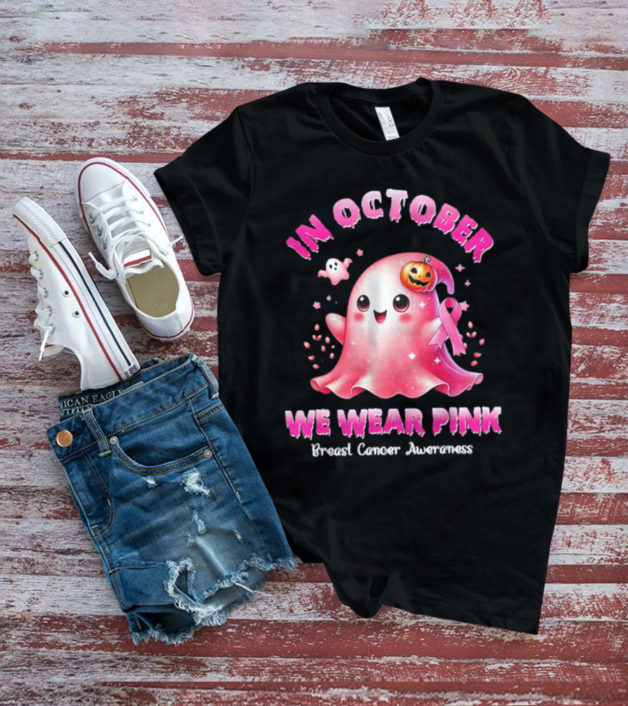 In October We Wear Pink Ghost Pumpkin Ribbon Breast Cancer Awareness T-Shirt