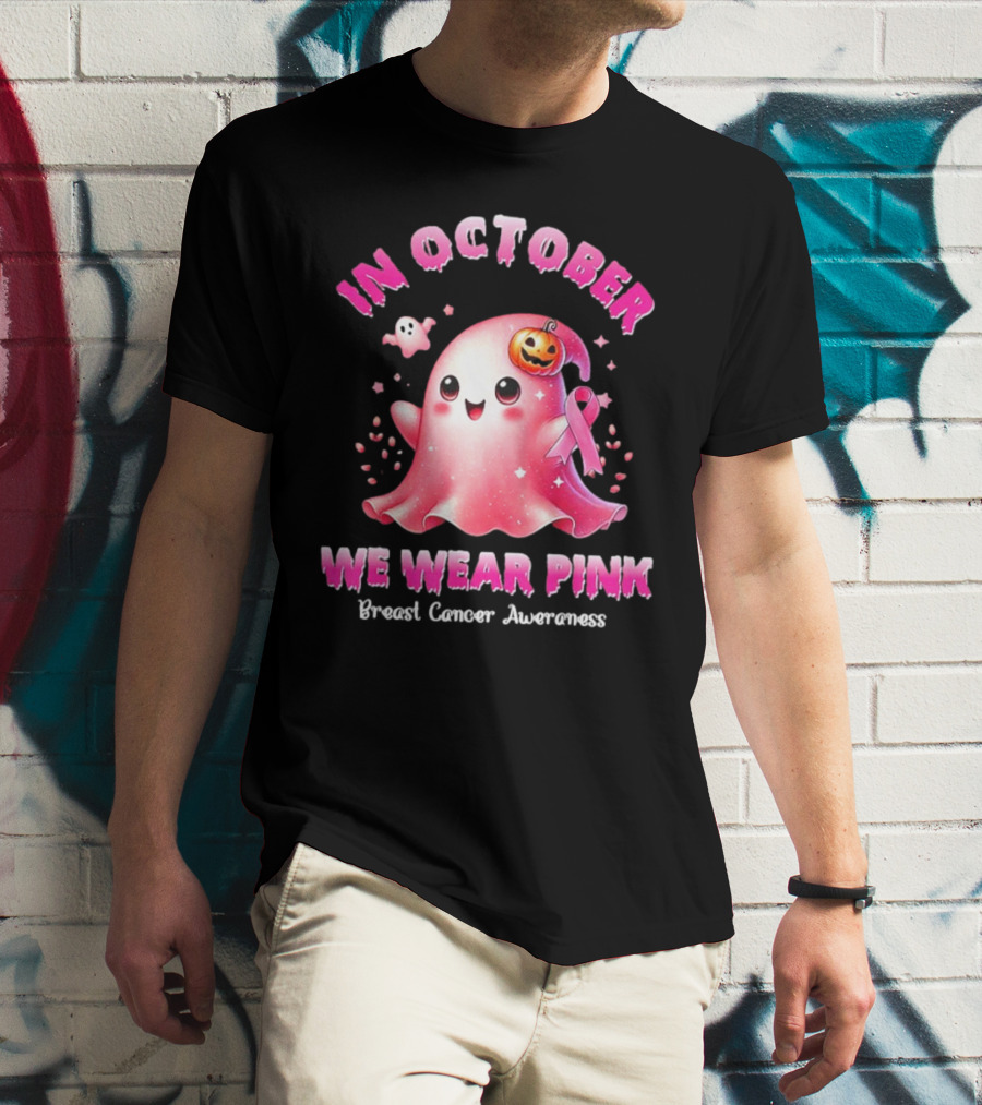 In October We Wear Pink Ghost Pumpkin Ribbon Breast Cancer Awareness T-Shirt