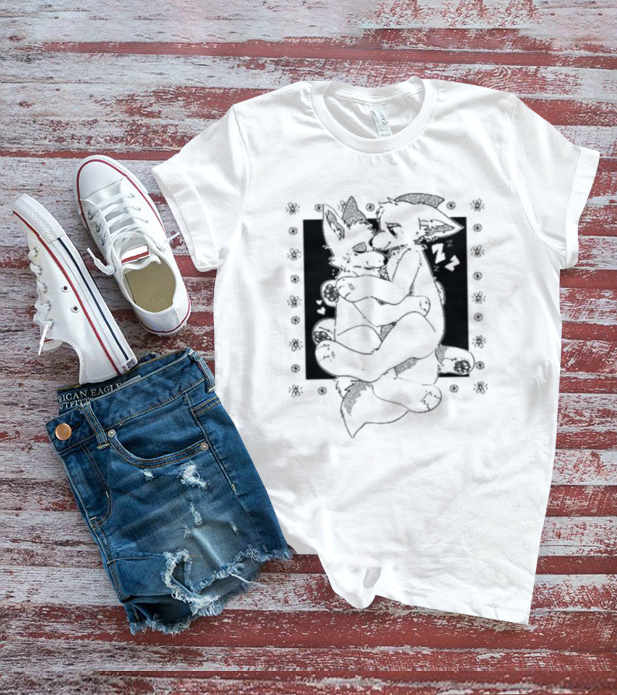 Furry Cuddling Wolves Adorable Embrace And Hearts T-Shirt