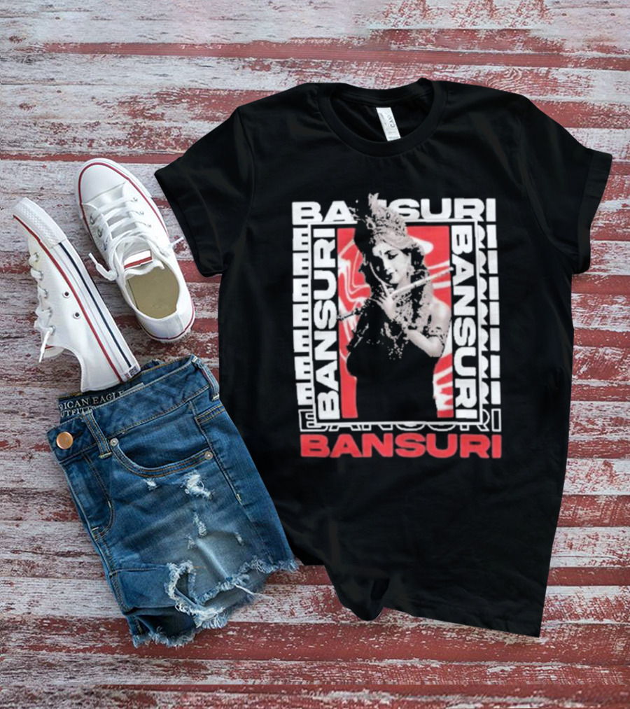 Bansuri Beautiful Girl With Flute Elegantly Framed In Red And White T-Shirt