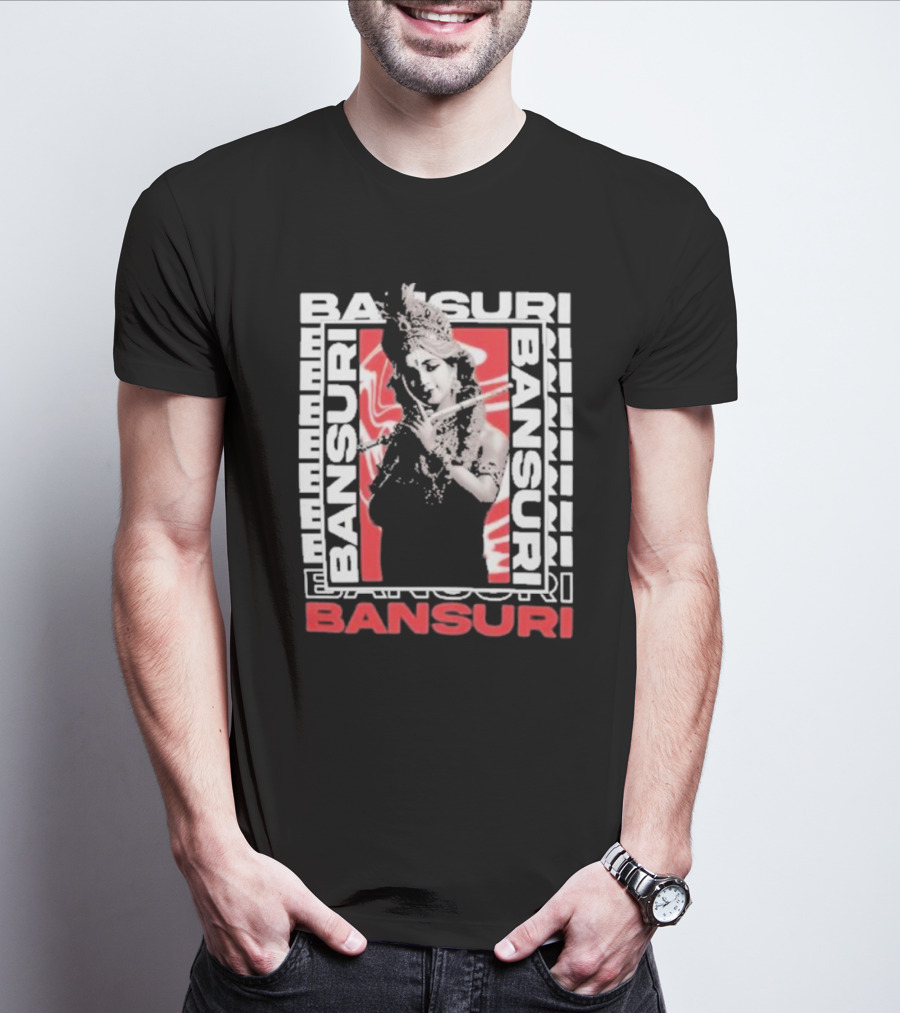 Bansuri Beautiful Girl With Flute Elegantly Framed In Red And White T-Shirt