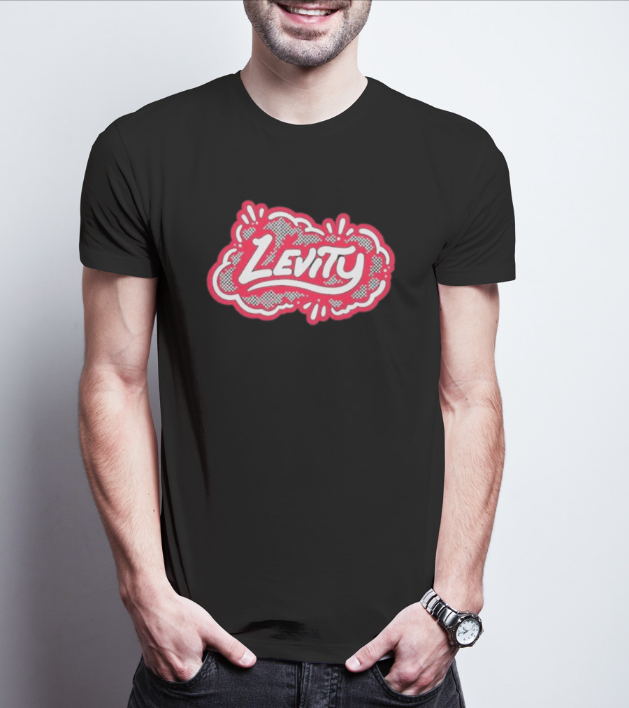 Levity Music Store Red And White Comic-Style Text On Black Cloud Background T-Shirt
