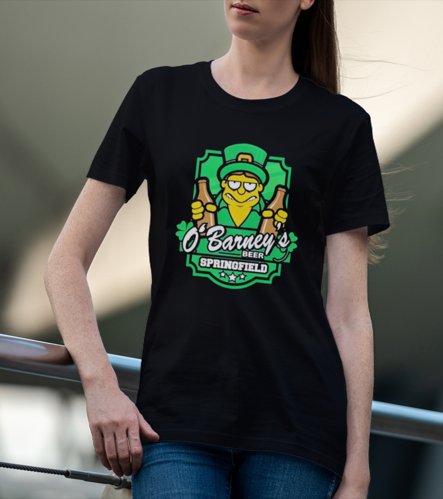 O’Barney’s Beer Springfield Leprechaun Holding Bottles Shamrock Badge T-Shirt