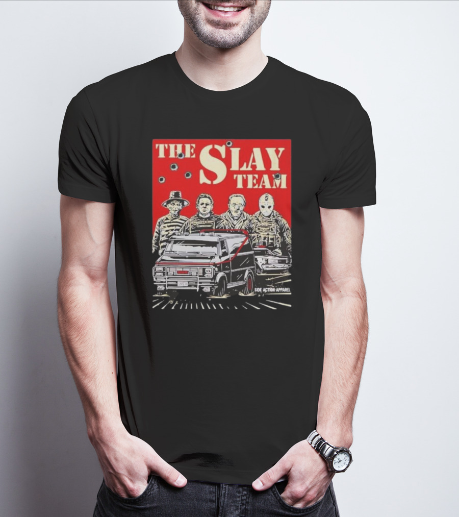 The Slay Team Horror Movies Characters Side Action T-Shirt