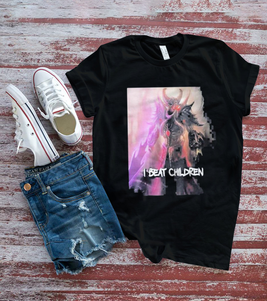 Kassadin I Beat Children Text Featuring Dark Mysterious Armored Character With Glowing Accents T-Shirt