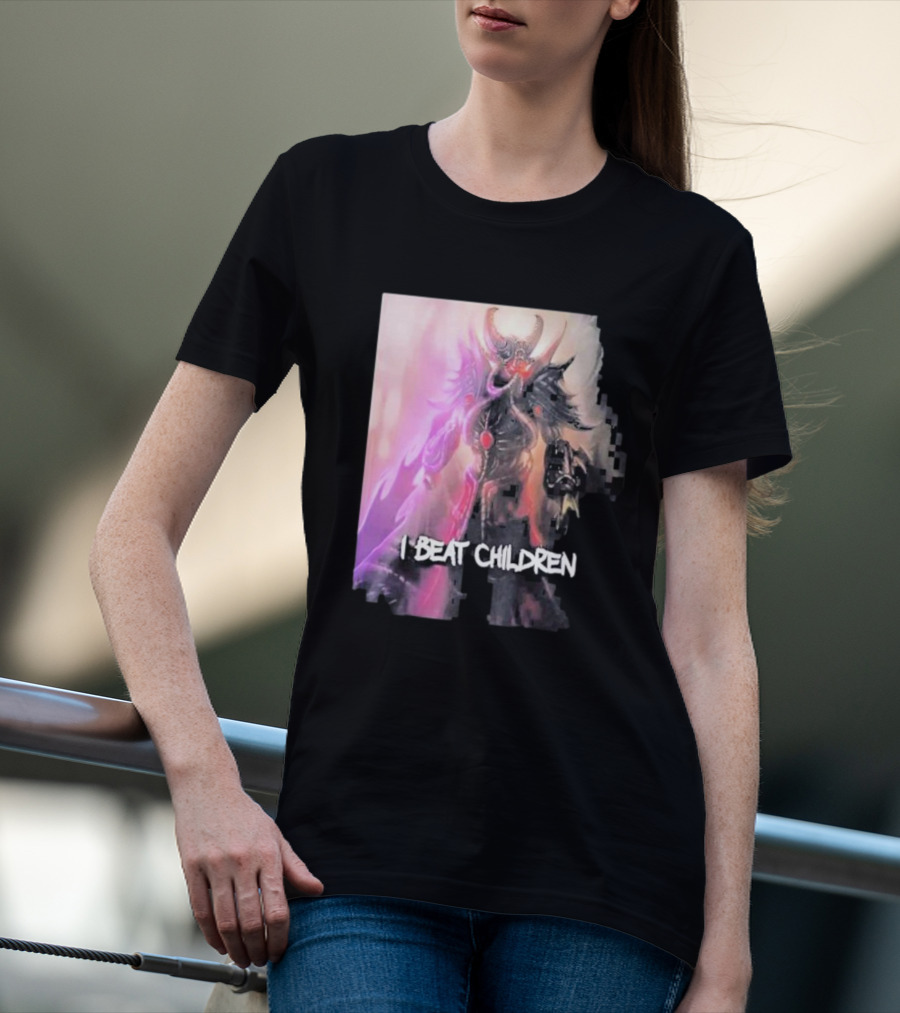 Kassadin I Beat Children Text Featuring Dark Mysterious Armored Character With Glowing Accents T-Shirt