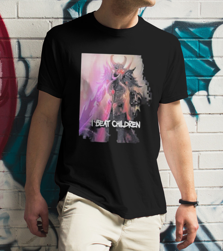 Kassadin I Beat Children Text Featuring Dark Mysterious Armored Character With Glowing Accents T-Shirt