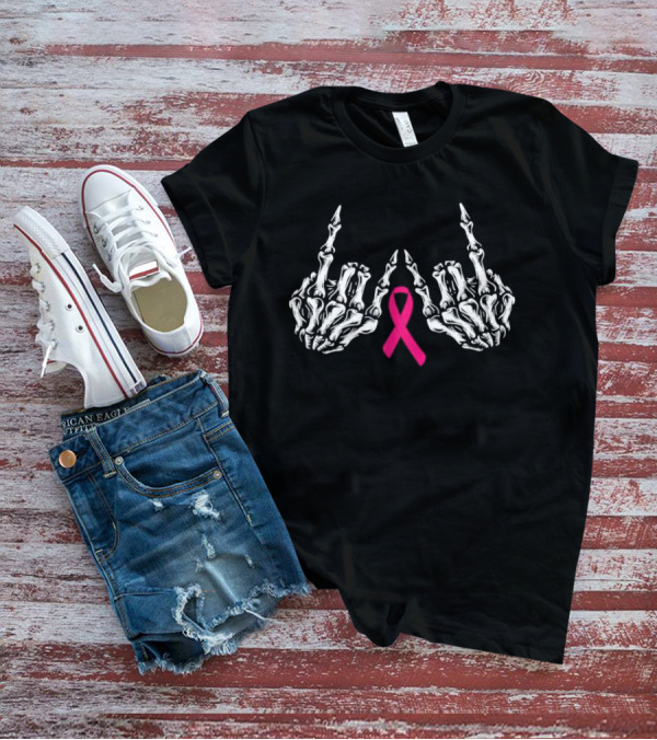 Skeleton Rock Hand Breast Cancer Awareness Pink T-Shirt