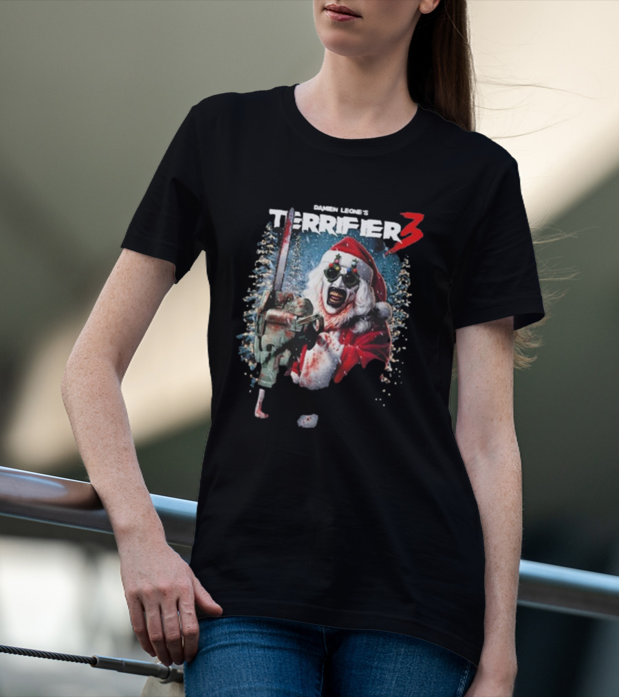 Damien Leone's Terrifier 3 Merry Mayhem Santa With Chainsaw T-Shirt