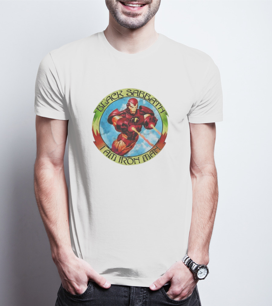Black Sabbath I Am Iron Man Circle Iron Man Suit Heroic Pose T-Shirt