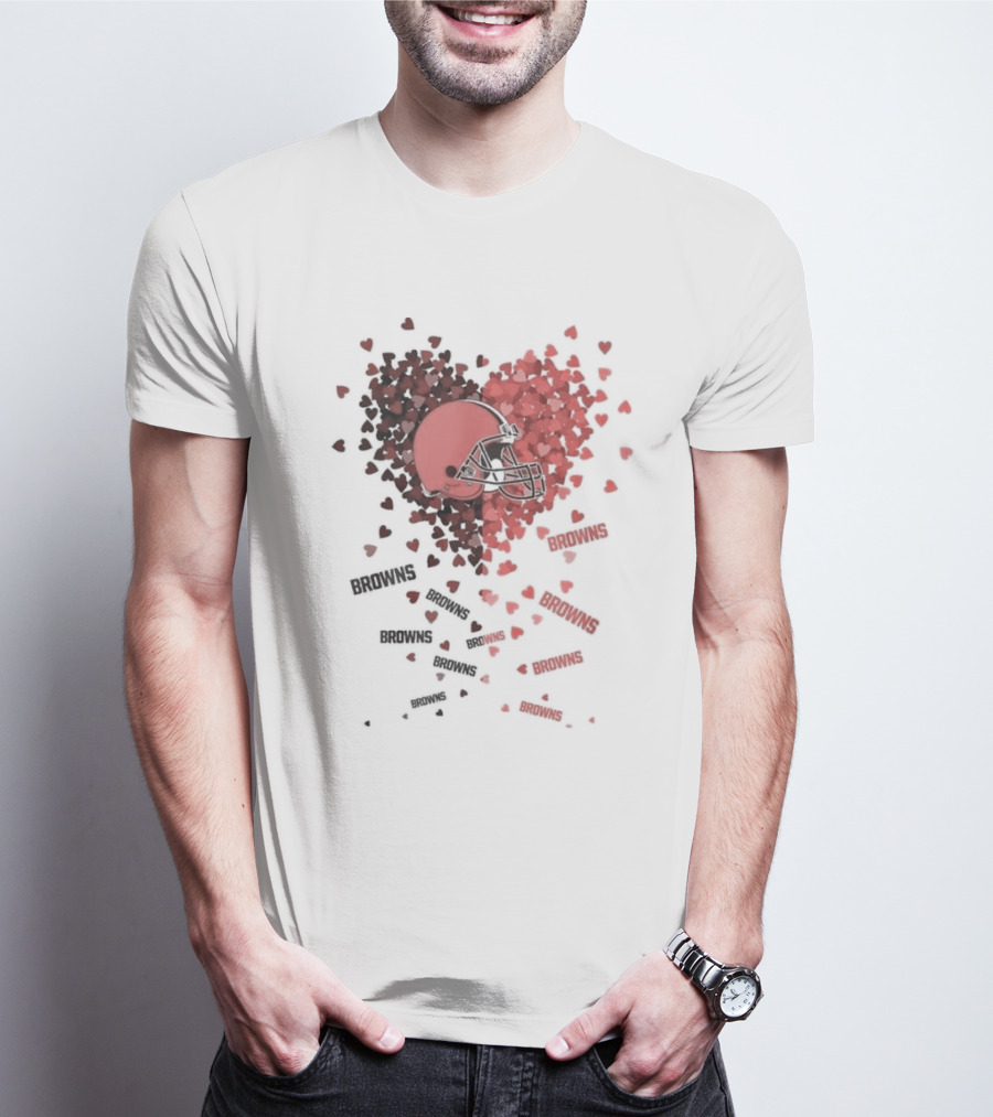 Cleveland Browns Helmet Heart Design With Red Hearts And Browns Text T-Shirt