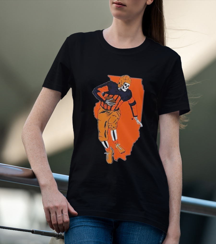 IL Illinois Fighting Illini Football Skeleton Player On Orange State Background T-Shirt