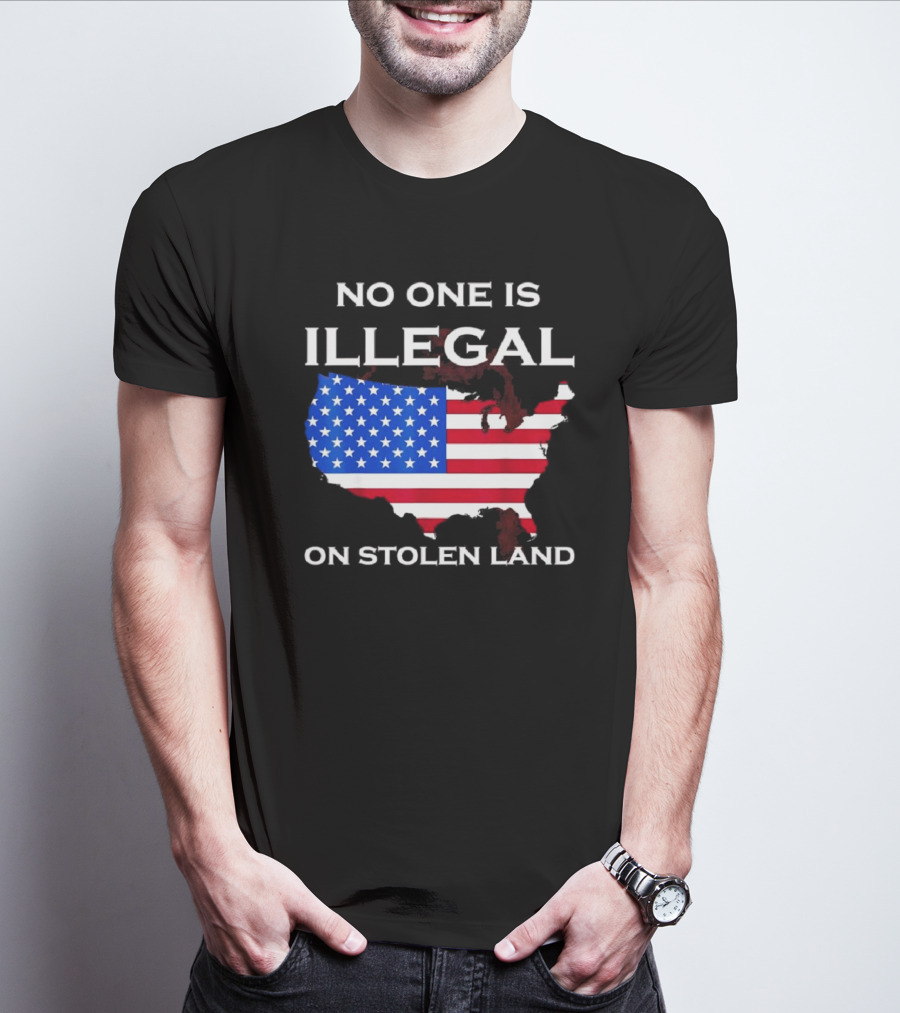 No One Is Illegal On Stolen Land America With United States Flag Map T-Shirt