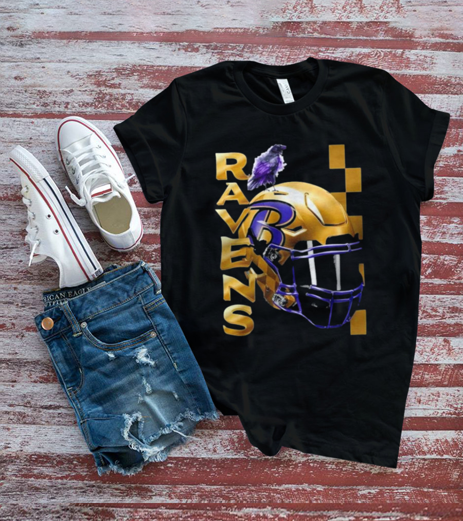 Ravens Gold Helmet With Purple B And Crow T-Shirt