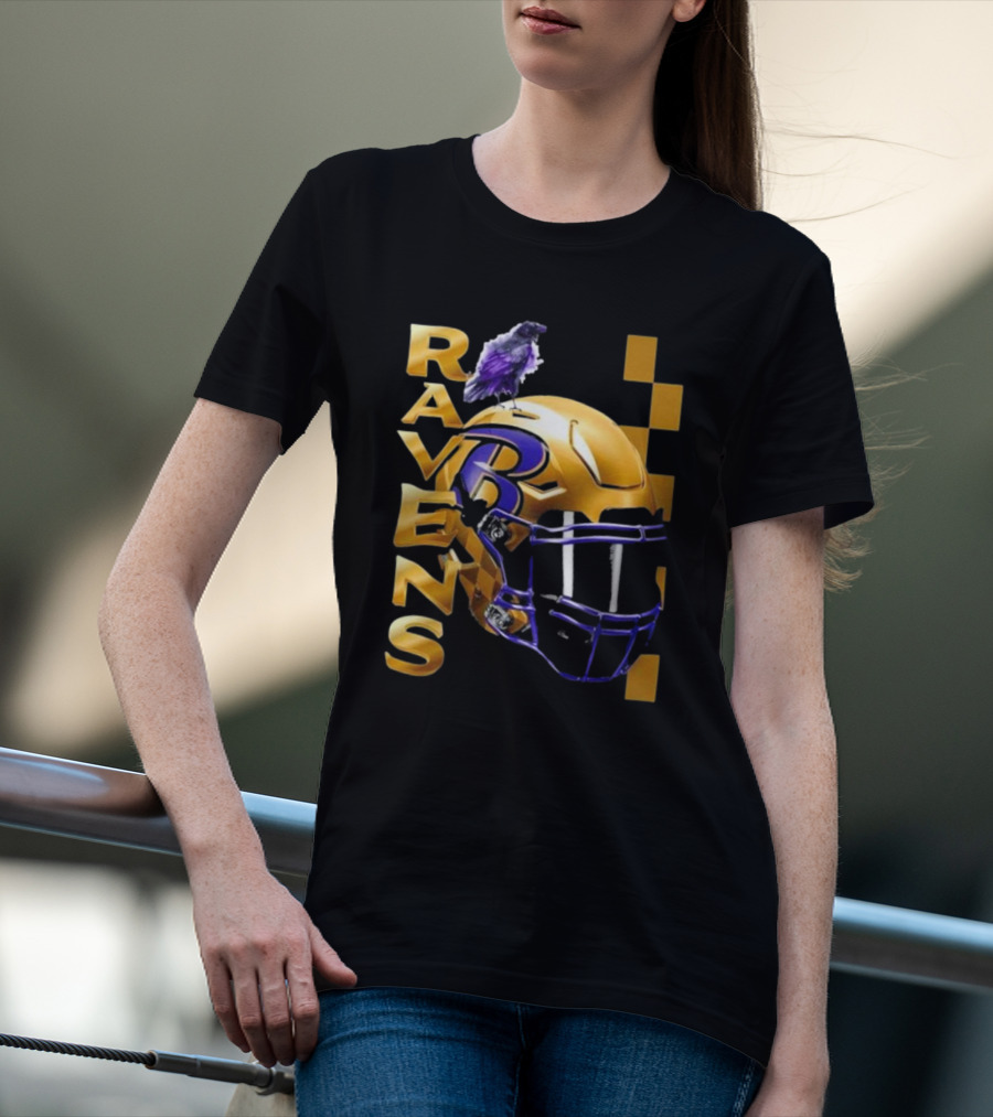 Ravens Gold Helmet With Purple B And Crow T-Shirt