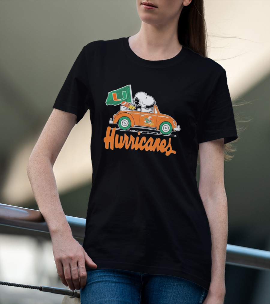 Peanuts Snoopy Woodstock Miami Hurricanes Car Driving With Flag T-Shirt