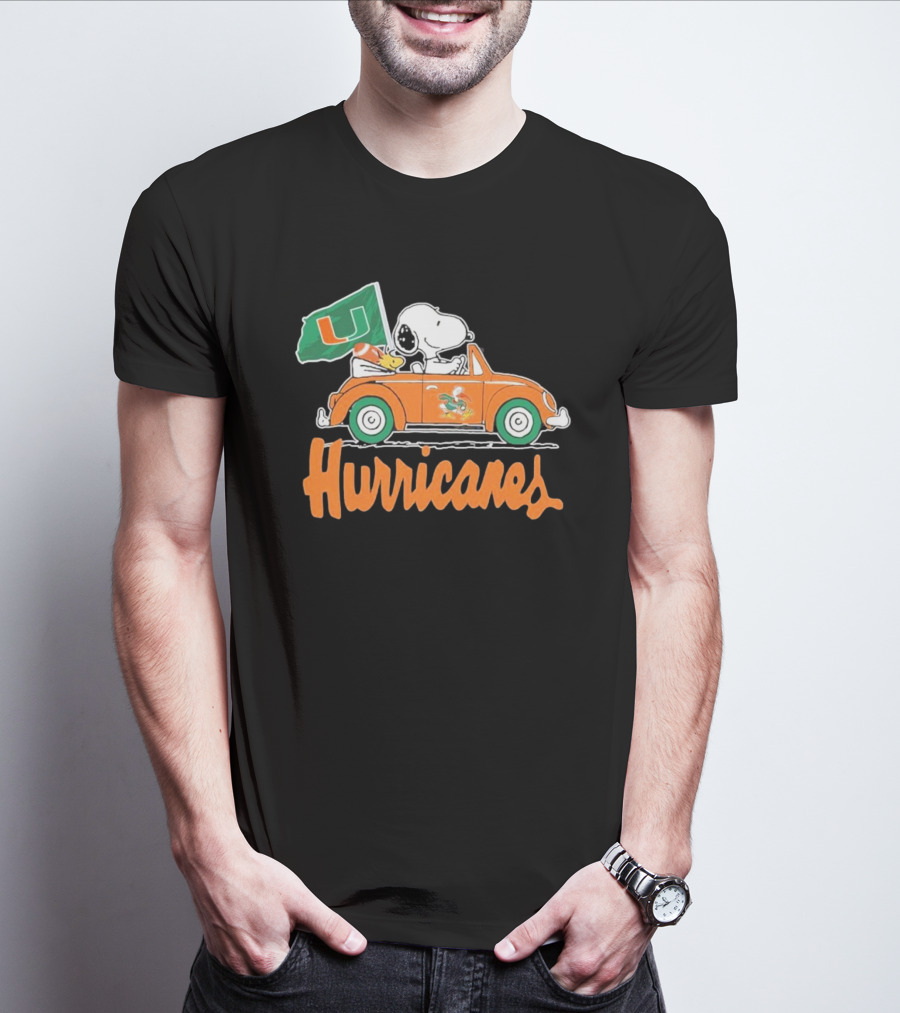 Peanuts Snoopy Woodstock Miami Hurricanes Car Driving With Flag T-Shirt