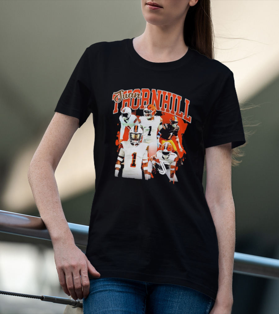 Juan Thornhill Football Player Orange And Black Action Collage T-Shirt