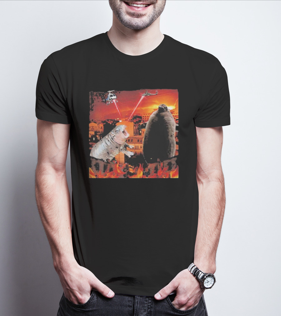 Moo Deng Pesto Helicopter Laser Battle Destroy City Fire Scene T-Shirt