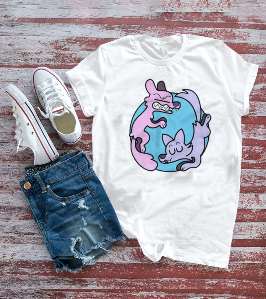 Yin Yang Cartoon Wolves Colorful Art By Ac Stuart T-Shirt