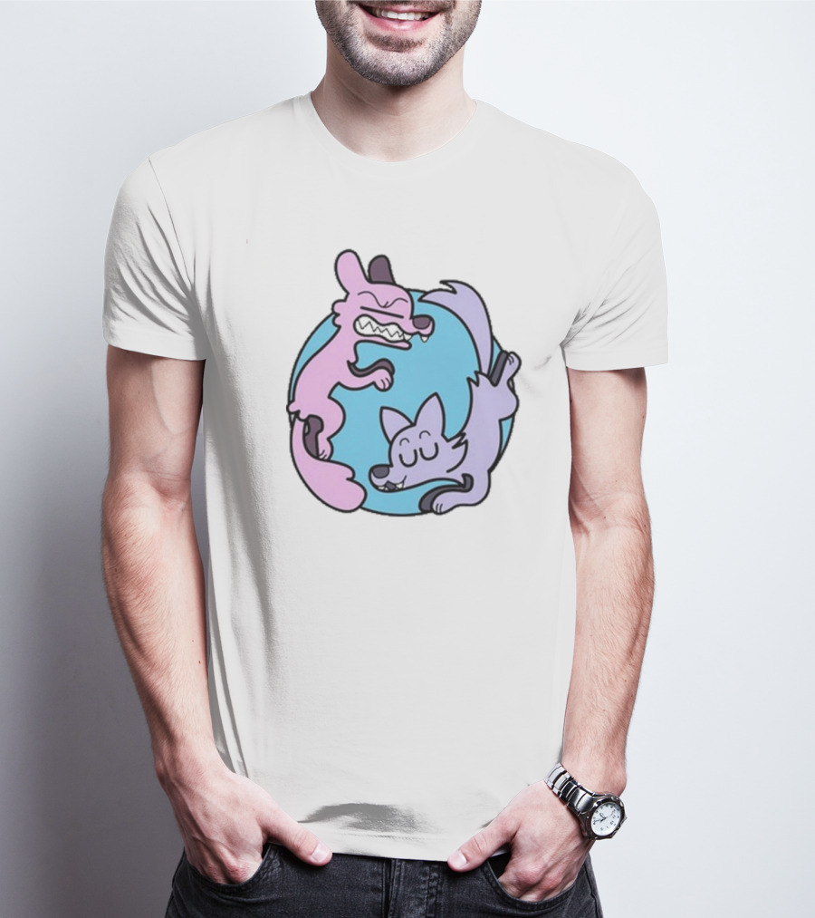 Yin Yang Cartoon Wolves Colorful Art By Ac Stuart T-Shirt