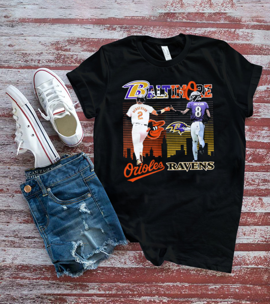 Baltimore Orioles Gunnar Henderson Baltimore Ravens Lamar Jackson City Skyline T-Shirt