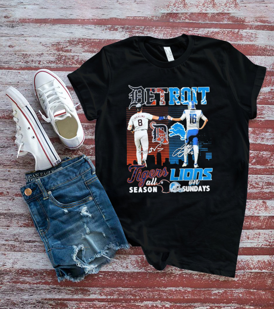 Detroit Tigers All Season X Detroit Lions On Sundays Detroit Tigers Lions Logos Sports Icons Collaboration T-Shirt