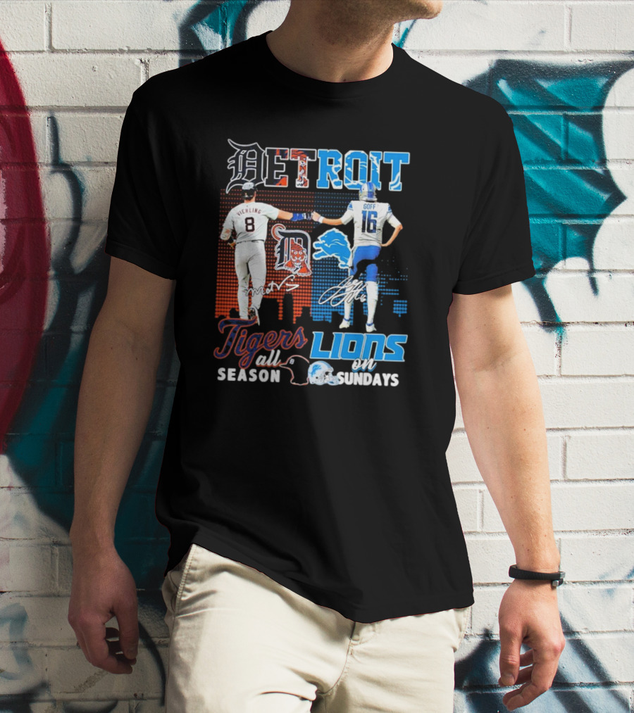 Detroit Tigers All Season X Detroit Lions On Sundays Detroit Tigers Lions Logos Sports Icons Collaboration T-Shirt