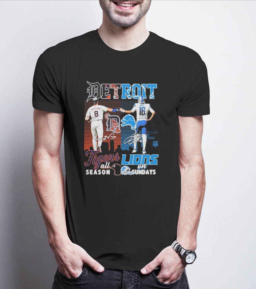 Detroit Tigers All Season X Detroit Lions On Sundays Detroit Tigers Lions Logos Sports Icons Collaboration T-Shirt