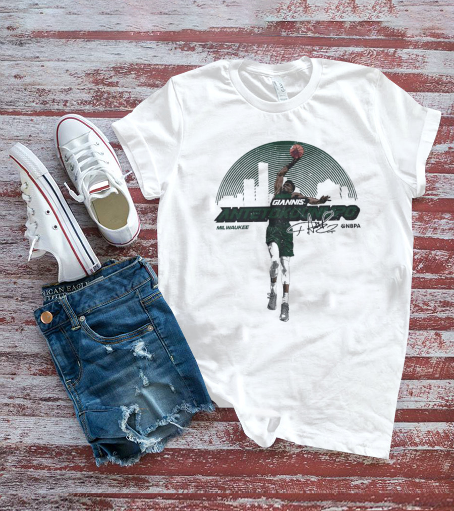 Giannis Antetokounmpo Milwaukee Skyline Signature @NBPA T-Shirt