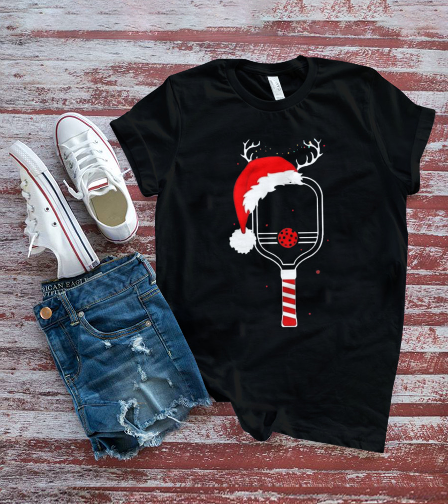 Pickleball Holiday Reindeer Santa Hat Christmas Paddle T-Shirt