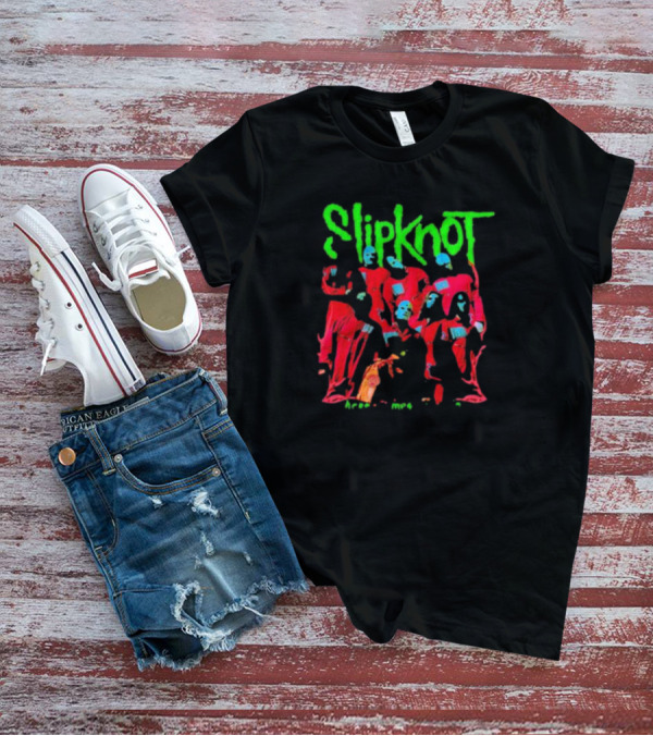 Slipknot Here Comes The Pain Band Members Red Jumpsuits Green Text T-Shirt