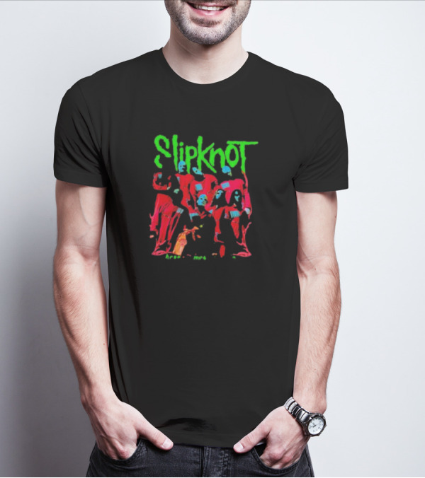 Slipknot Here Comes The Pain Band Members Red Jumpsuits Green Text T-Shirt