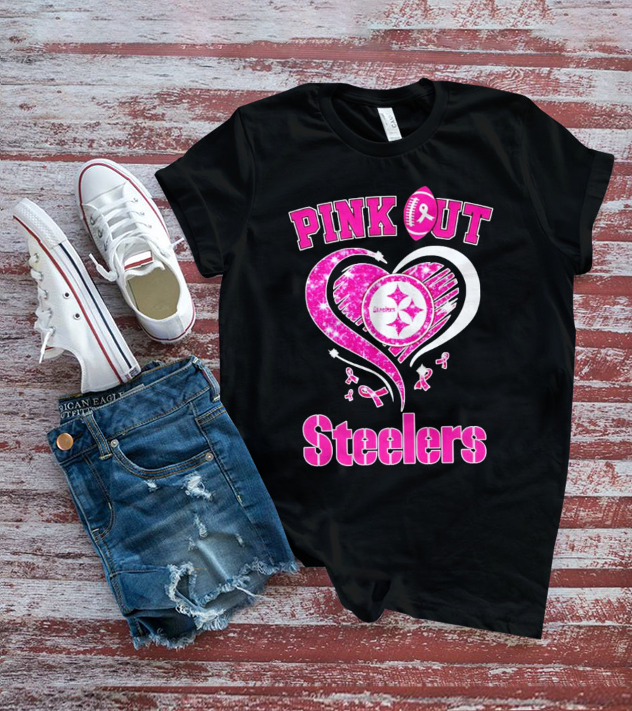 Pink Out Steelers Breast Cancer Heart Diamond T-Shirt