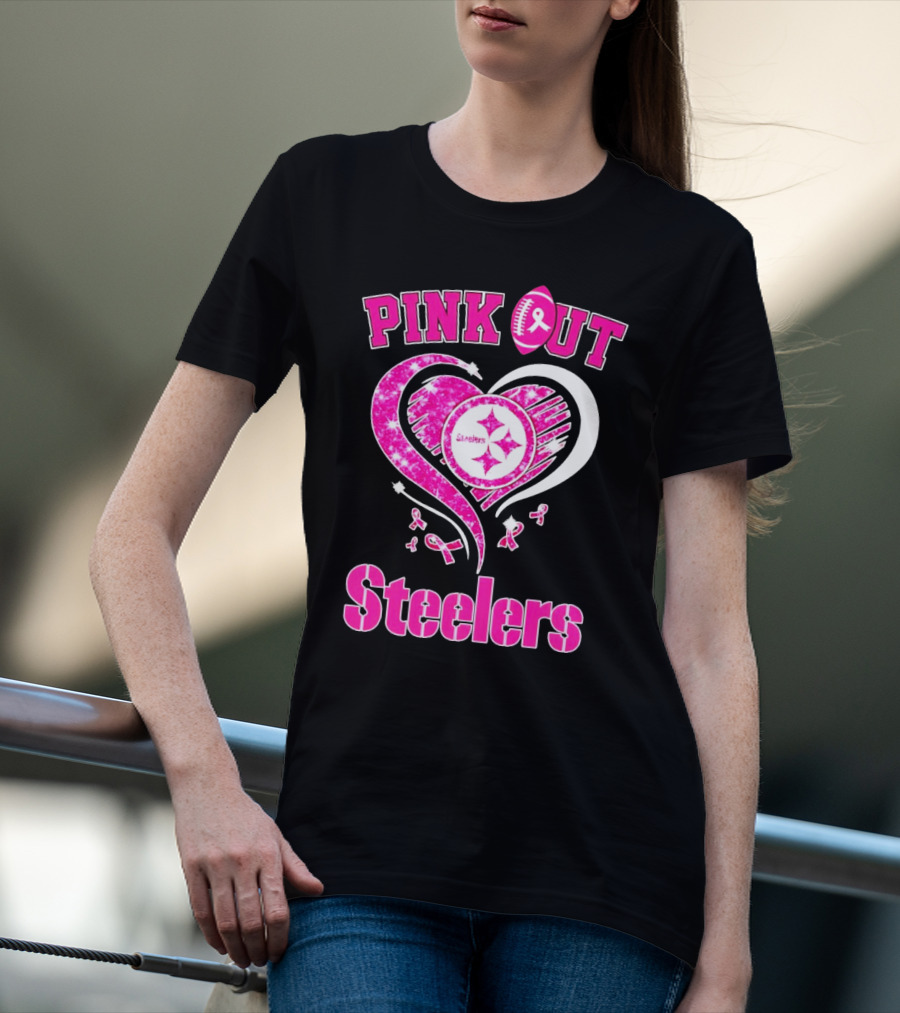 Pink Out Steelers Breast Cancer Heart Diamond T-Shirt