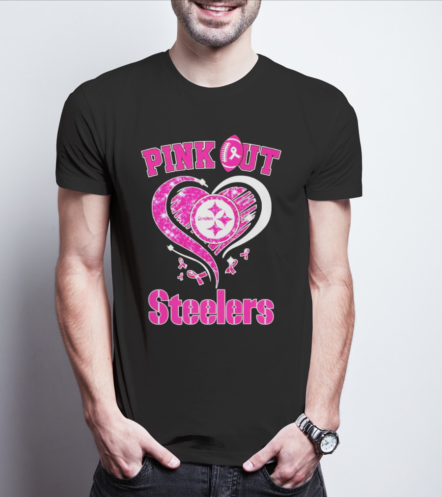 Pink Out Steelers Breast Cancer Heart Diamond T-Shirt