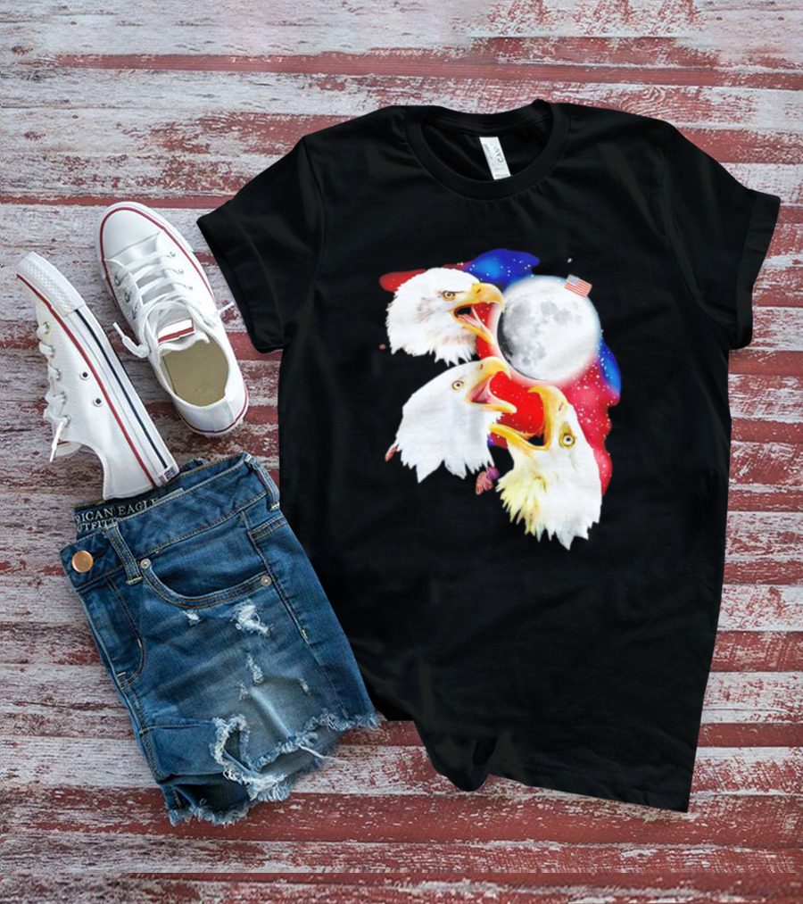 Three Eagles To The Moon American Flag Lunar Trio T-Shirt