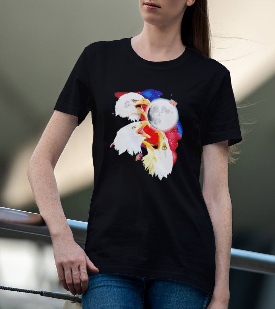 Three Eagles To The Moon American Flag Lunar Trio T-Shirt