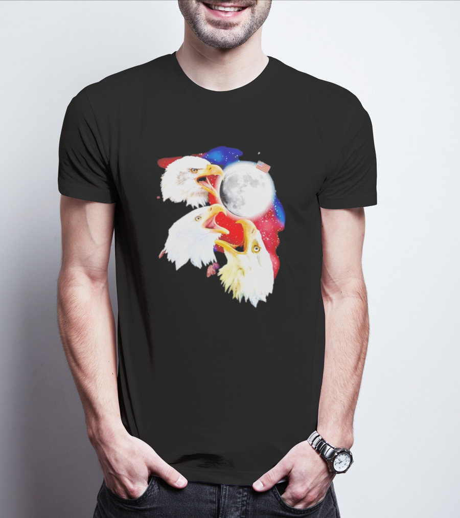 Three Eagles To The Moon American Flag Lunar Trio T-Shirt