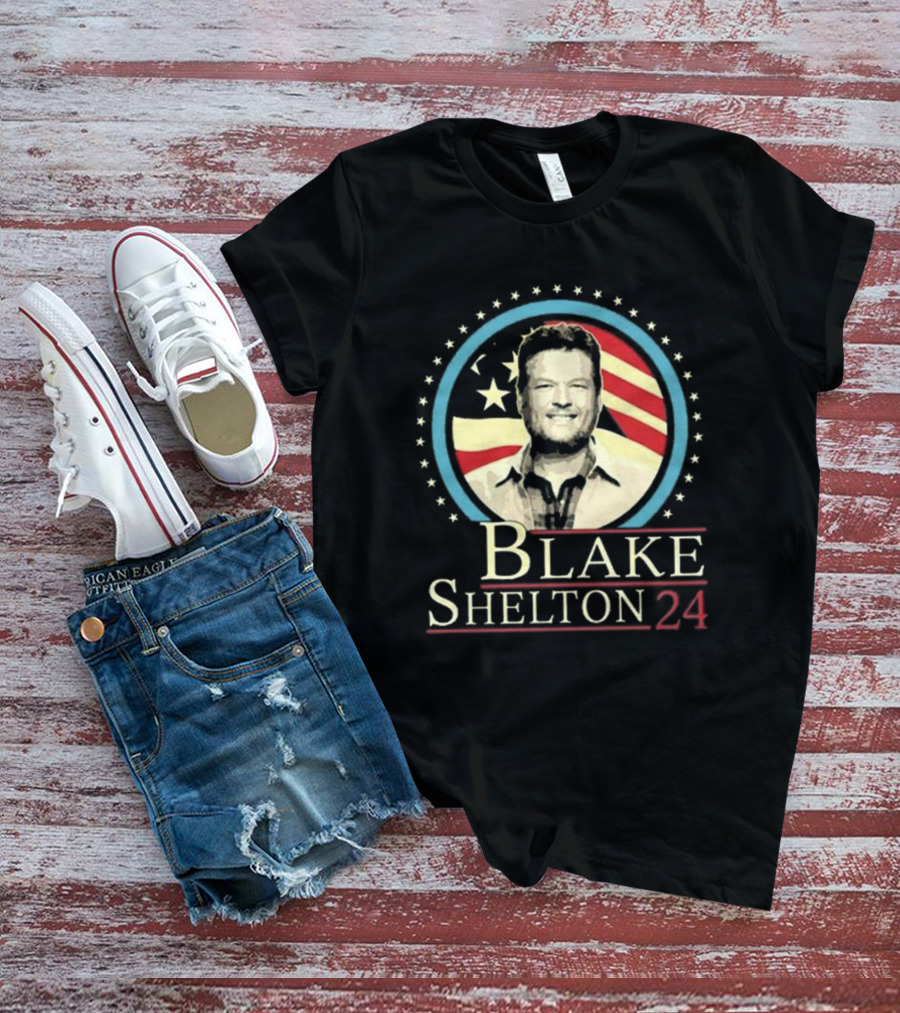 Blake Shelton 24 Portrait With American Flag Background T-Shirt