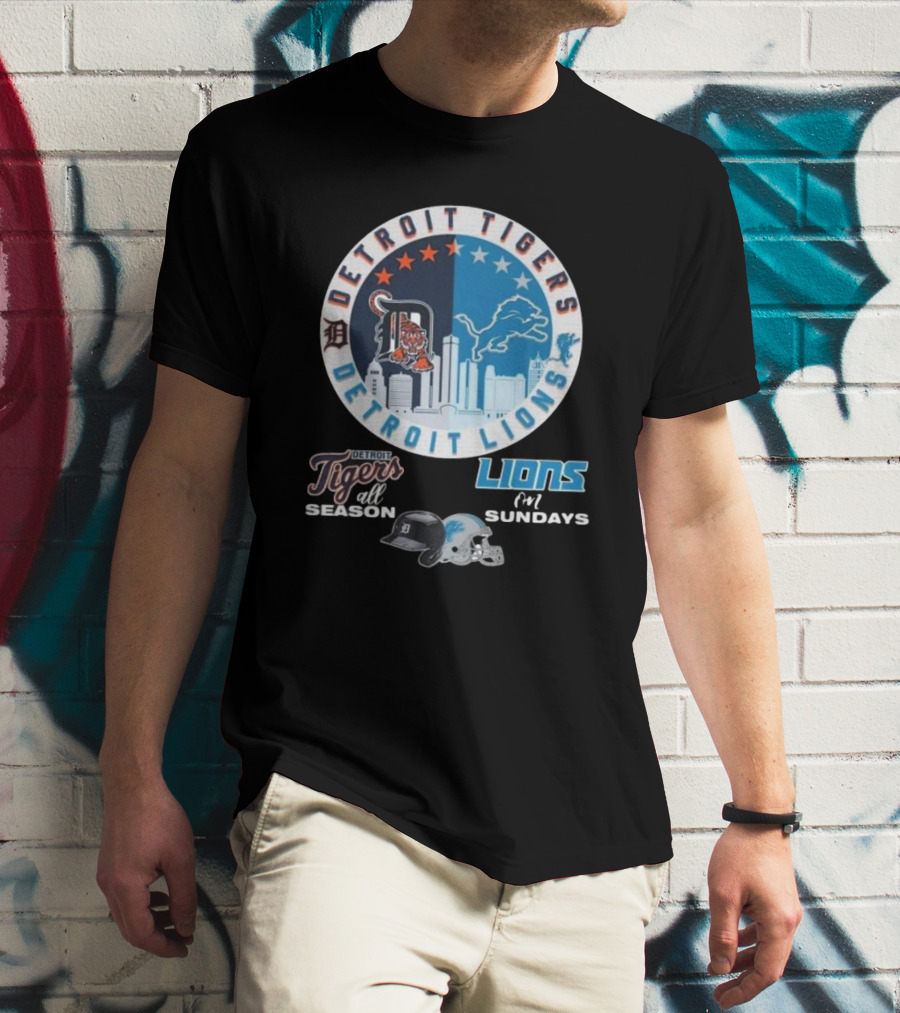 Detroit Tigers All Season Detroit Lions For Sundays Skyline Helmets T-Shirt