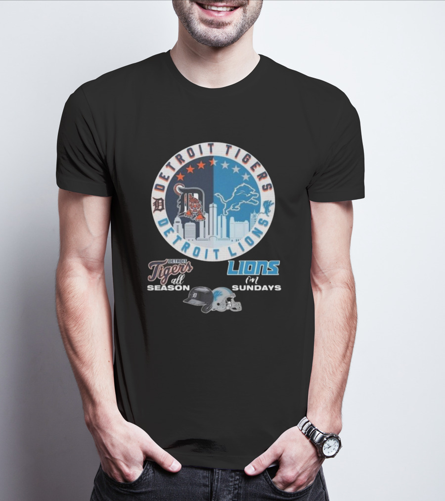 Detroit Tigers All Season Detroit Lions For Sundays Skyline Helmets T-Shirt