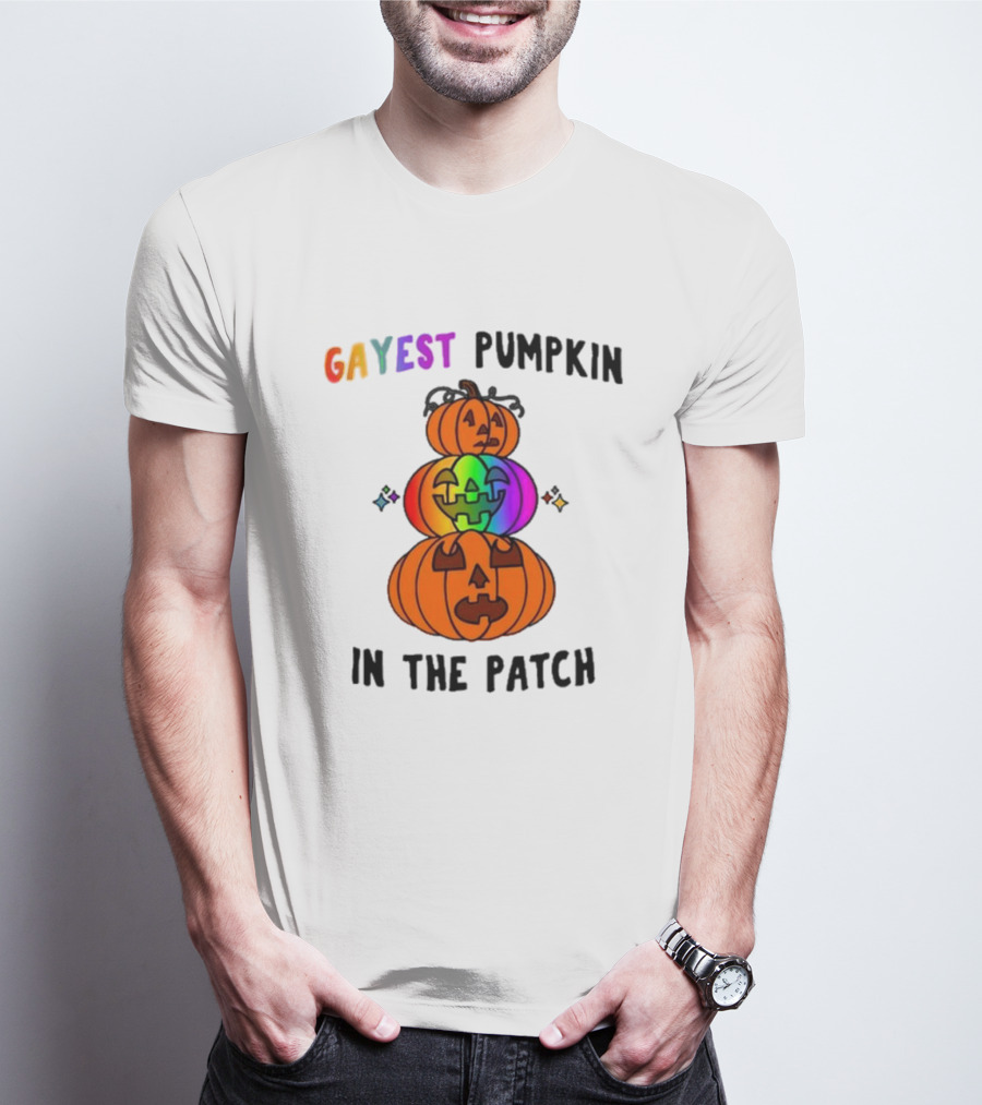 Gayest Rainbow Pumpkin In The Patch Stacked Jack-O-Lanterns T-Shirt