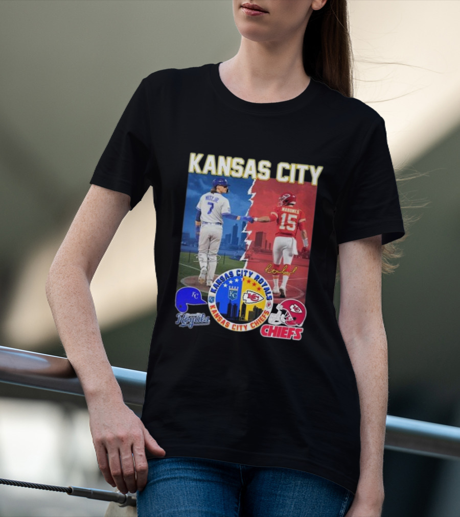 Kansas City Royals Bobby Witt Jr And Chiefs Patrick Mahomes Skyline Logos And Signatures T-Shirt