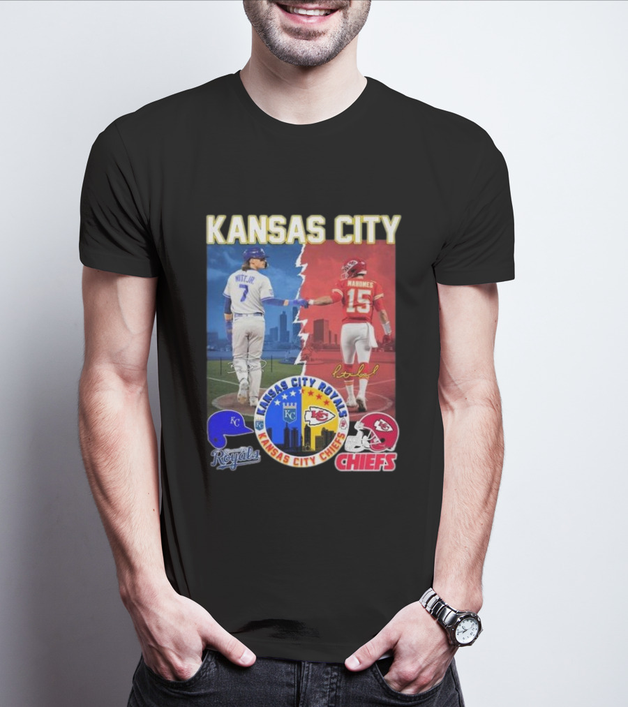 Kansas City Royals Bobby Witt Jr And Chiefs Patrick Mahomes Skyline Logos And Signatures T-Shirt